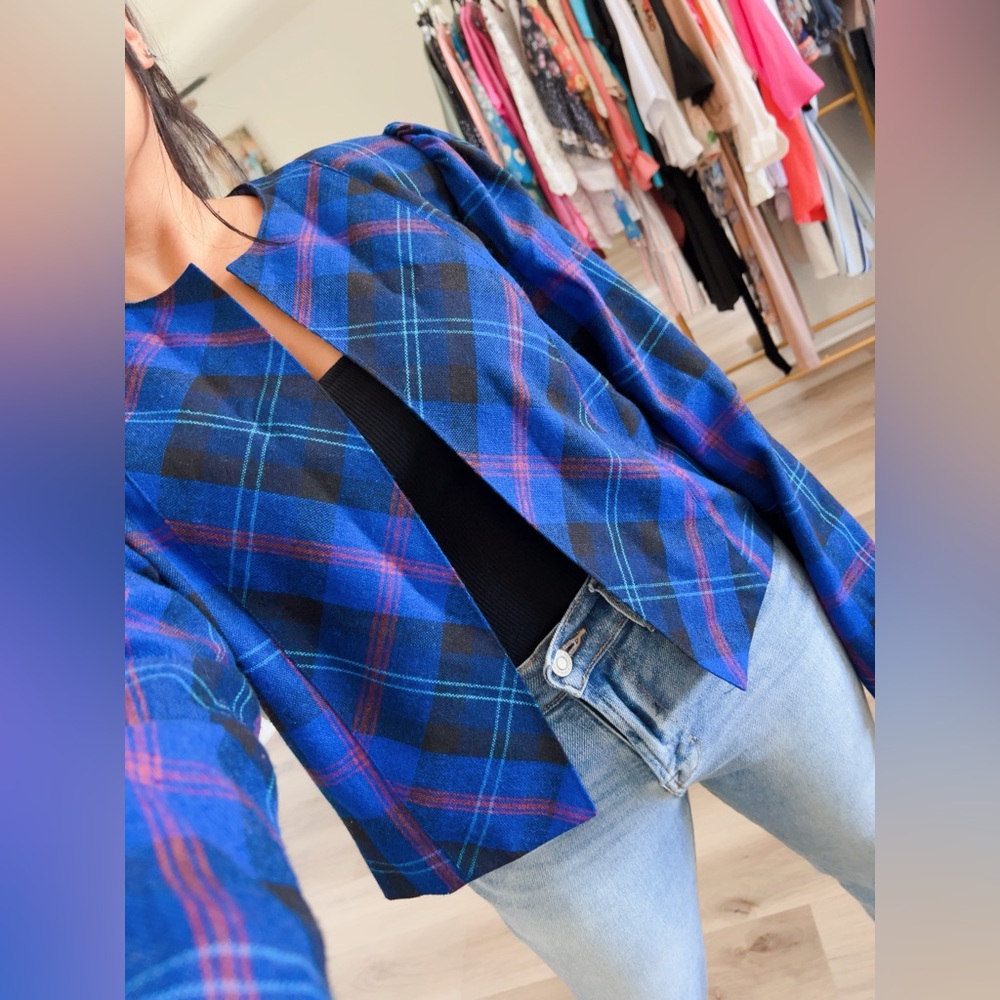 VINTAGE BLUE BUFFALO PLAID OPEN STYLE BLAZER